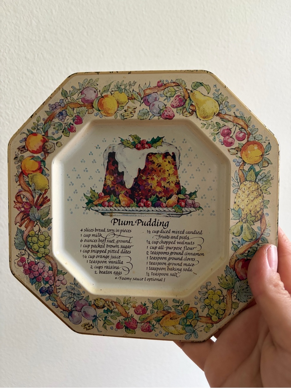 Vintage 1982 Tin Avon Decorative Wall Plate with Plum Pudding Recipe